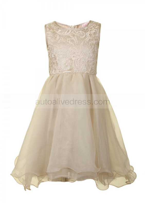 A-line Champagne Lace Knee Length Flower Girl Dress